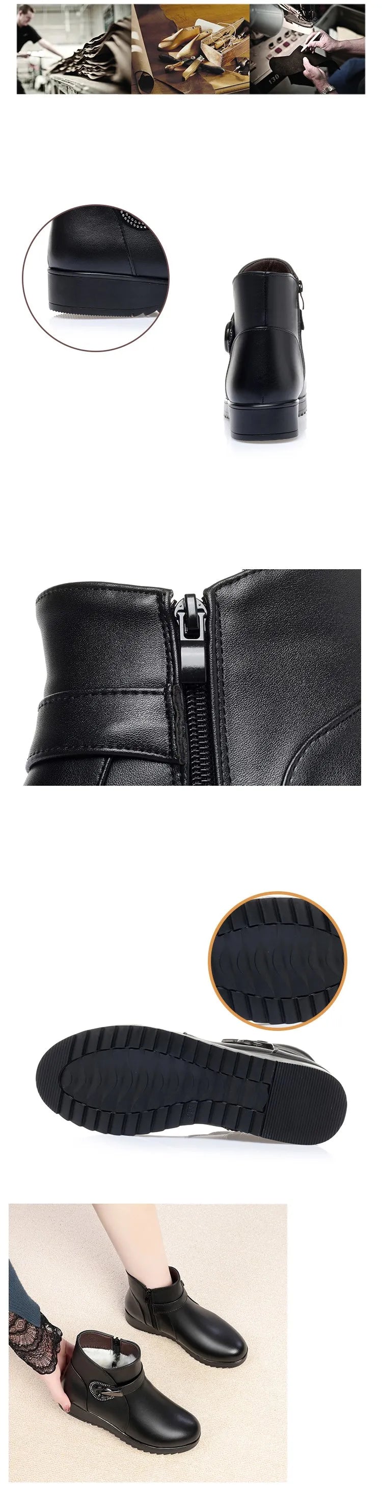 Kurze schwarze Winterstiefel mit Keilsohle, Reißverschluss und Profilsohle