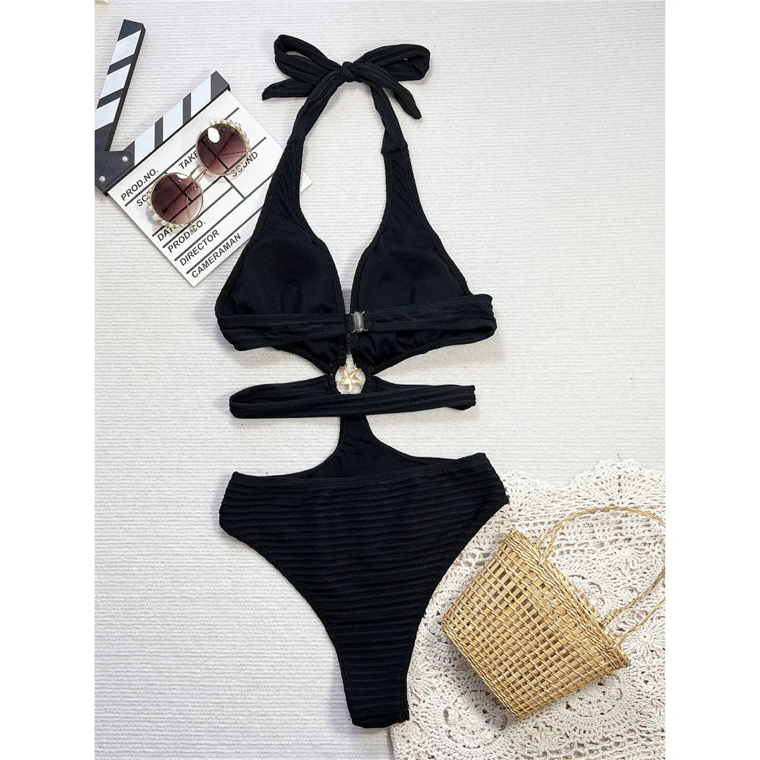 Damen Badeanzug V-Ausschnitt Cut-Out Neckholder gerippt hoher Beinausschnitt gepolstert