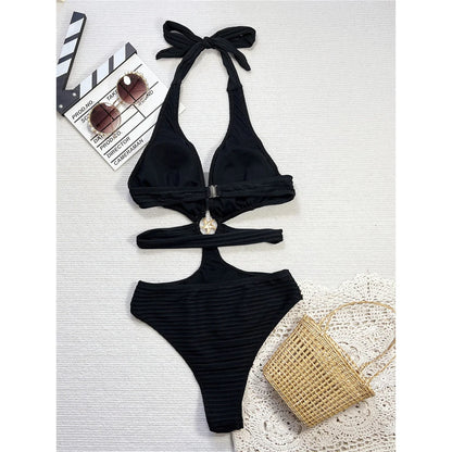 Damen Badeanzug V-Ausschnitt Cut-Out Neckholder gerippt hoher Beinausschnitt gepolstert