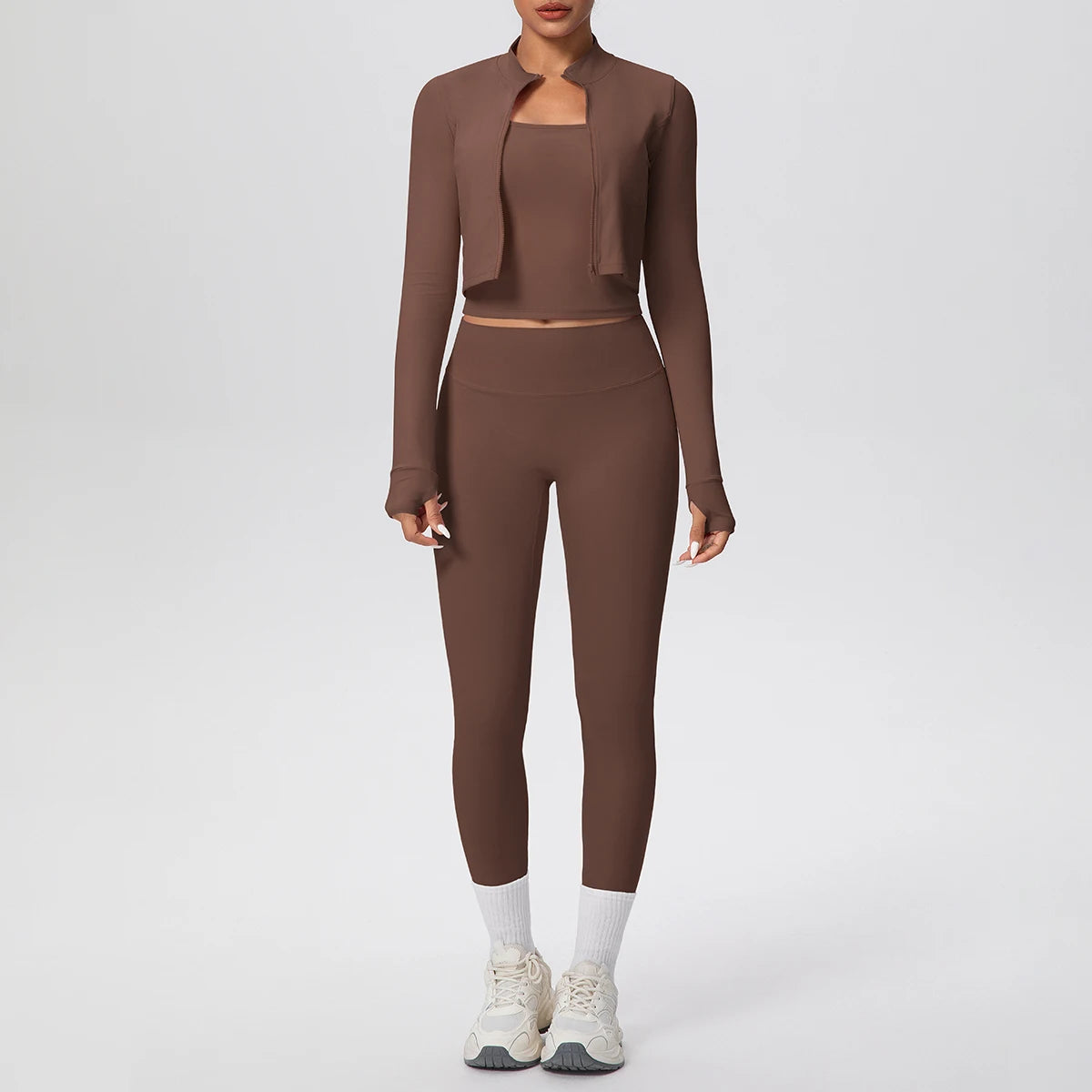 3-teiliges Yoga-Set für Damen (Braun): kurze Jacke, Crop-Top, Leggings mit Akzenten