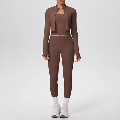 3-teiliges Yoga-Set für Damen (Braun): kurze Jacke, Crop-Top, Leggings mit Akzenten