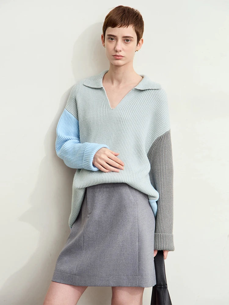Damen V-Ausschnitt Pullover Patchwork Raglan locker Herbst-Winter