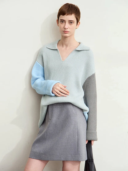 Damen V-Ausschnitt Pullover Patchwork Raglan locker Herbst-Winter