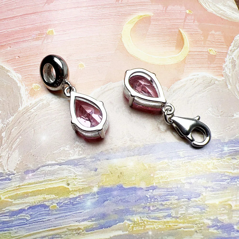 Rosa Tropfen-Charm-Anhänger aus 925er Sterlingsilber mit pinkem Stein und Verschluss