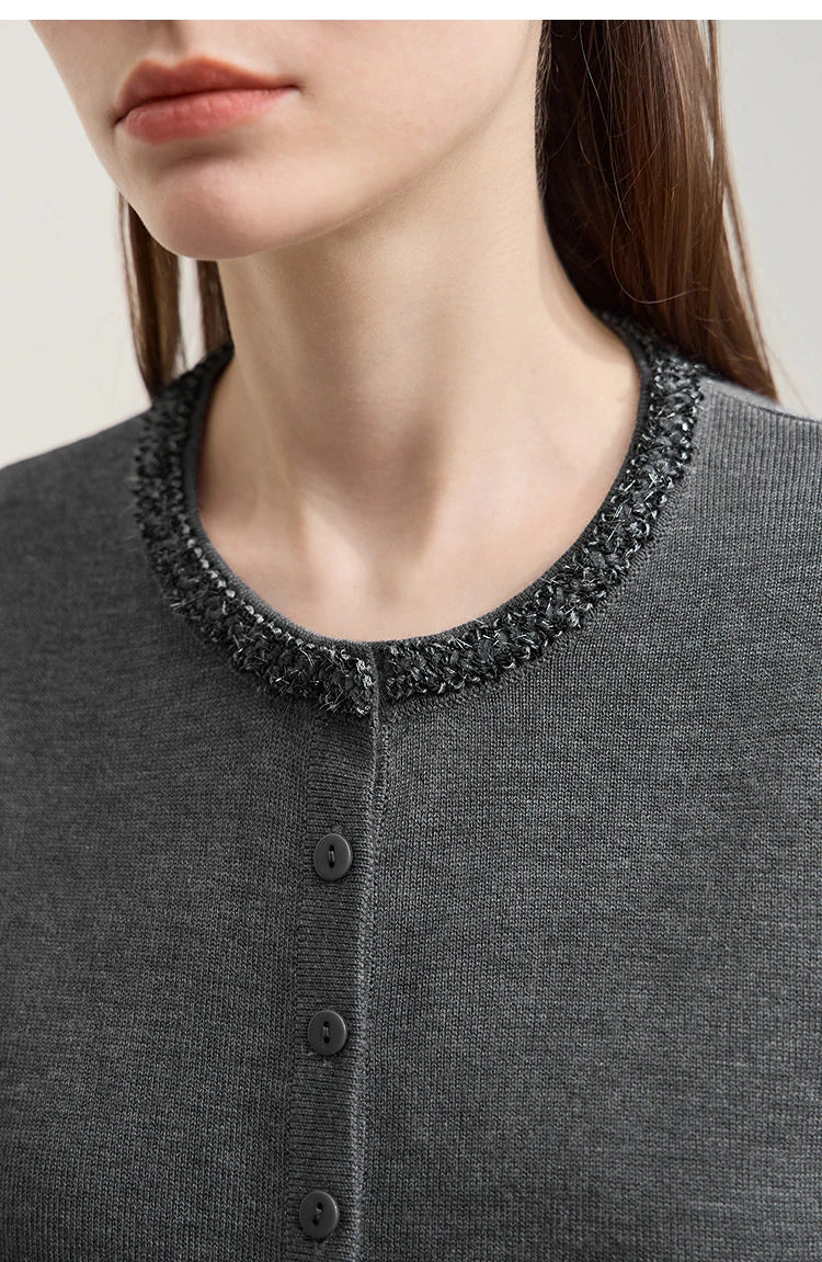 Damen-Strickjacke Rundhals einfarbig gerade Wolle Herbst-Winter
