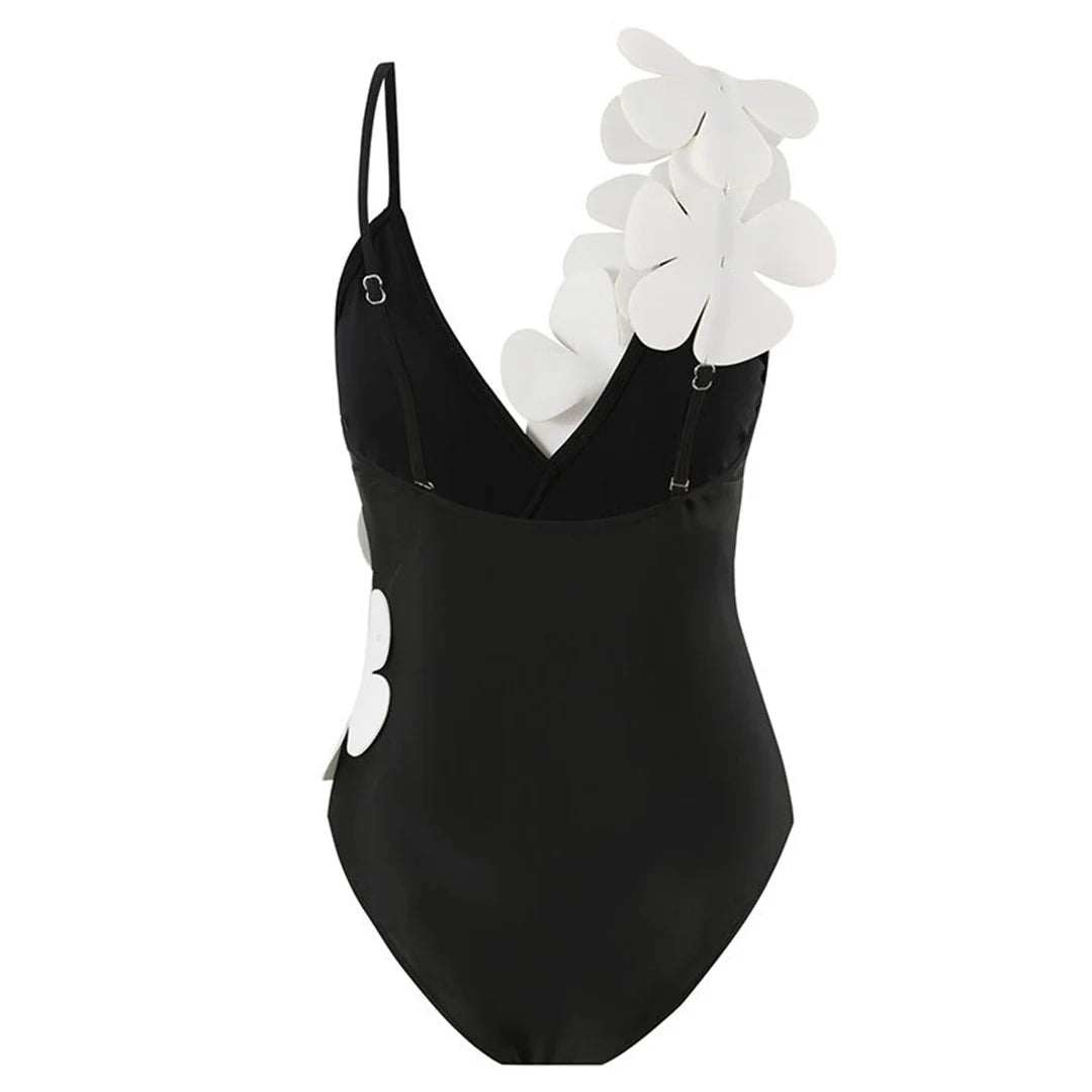 Damen Badeanzug Sarong 3D-Blumen tiefer V-Ausschnitt hoher Beinausschnitt