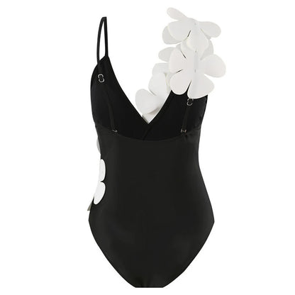 Damen Badeanzug Sarong 3D-Blumen tiefer V-Ausschnitt hoher Beinausschnitt