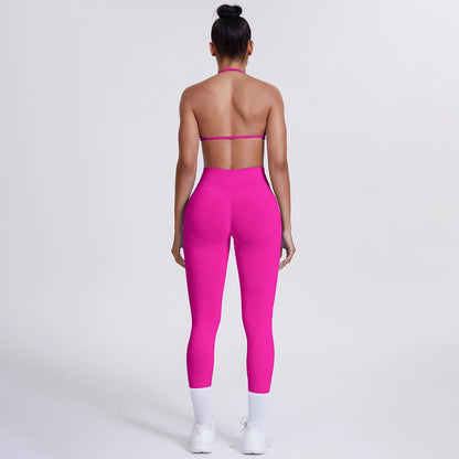 Rückansicht Yoga-Set: High-Waist-Leggings und Top, pink, mit schmalen Trägern
