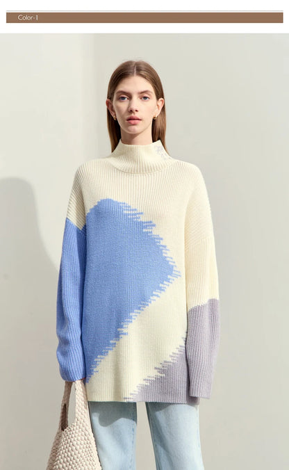 Damen-Rollkragenpullover Stickerei locker Winter Wolle-Mix