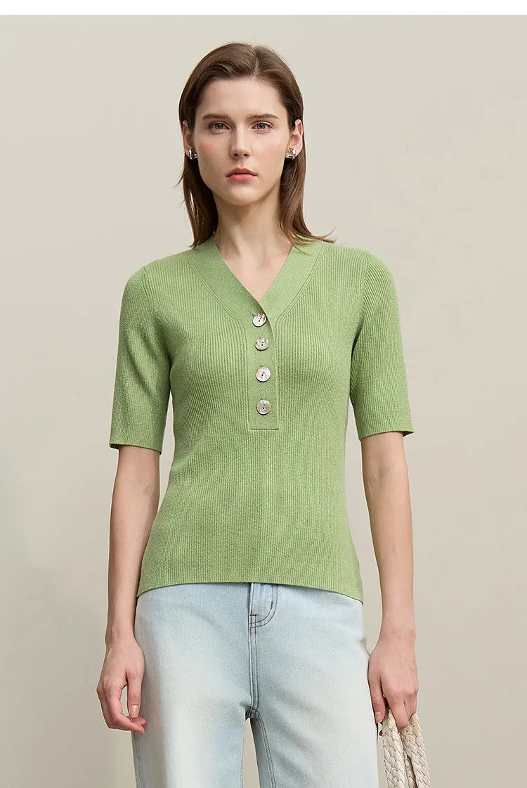 Damen V-Ausschnitt Pullover Wolle-Mix Halbarm Slim Frühling-Herbst