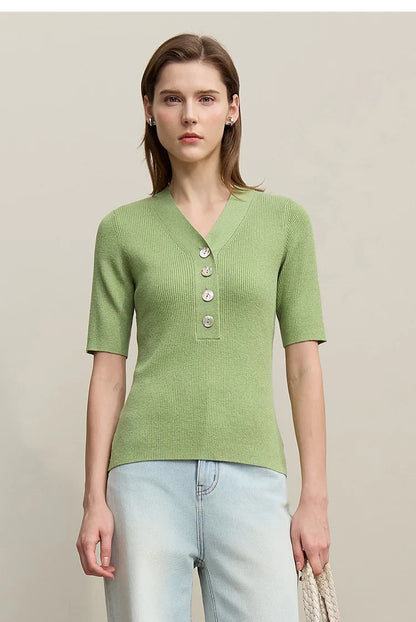 Damen V-Ausschnitt Pullover Wolle-Mix Halbarm Slim Frühling-Herbst