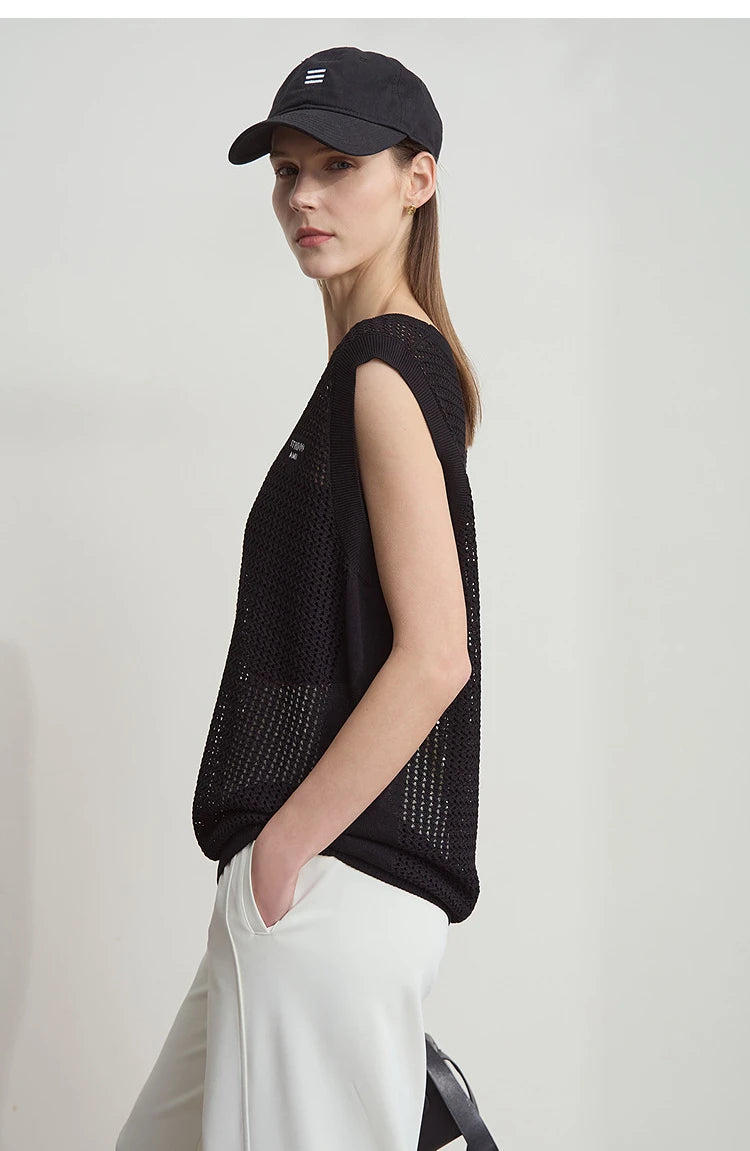 Damen V-Ausschnitt Pullover Viskose ärmellos Lochmuster Sommer