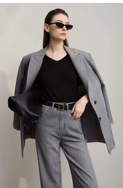 Damen V-Ausschnitt Pullover 100 % Wolle vielseitig Langarm Herbst