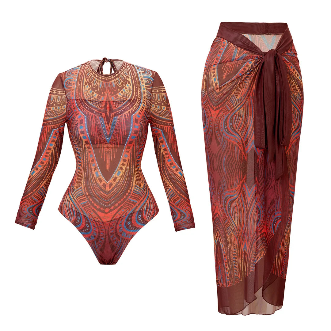 Damen Badeanzug bedruckt Langarm mit Sarong hoher Beinausschnitt Einteiler