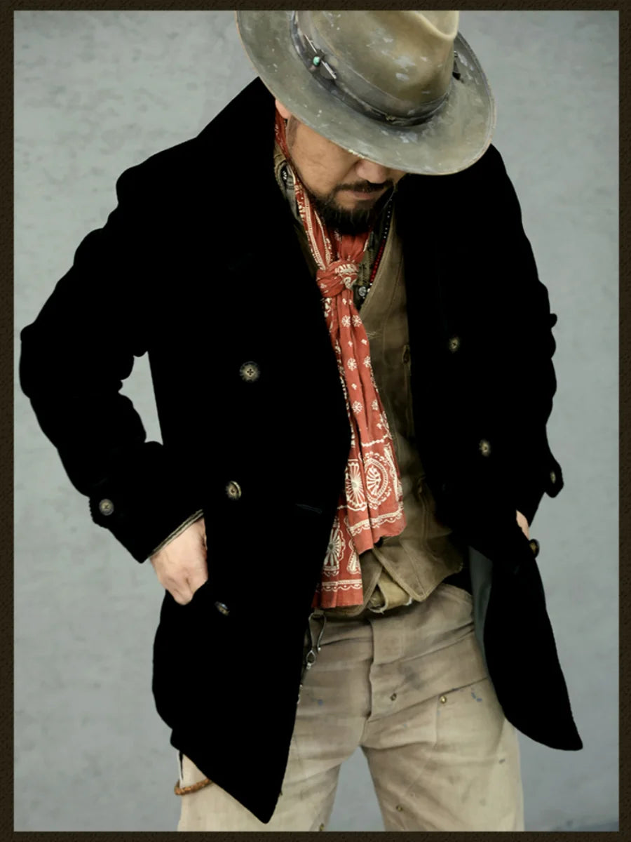 Männer Pea Coat im Vintage-Stil aus schwerem Material in Schwarz