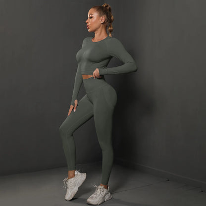 Nahtloses Yoga-Set mit Crop-Top und High-Waist-Leggings, graugrün