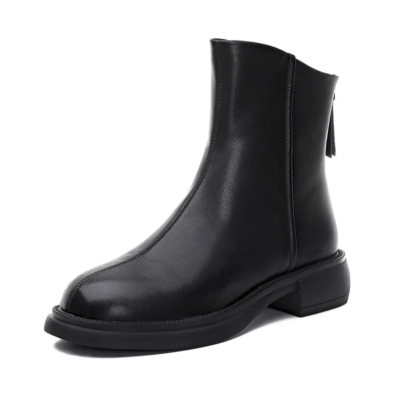 Schwarze Damen-Short-Boots aus Leder mit seitlichem Reißverschluss und Blockabsatz