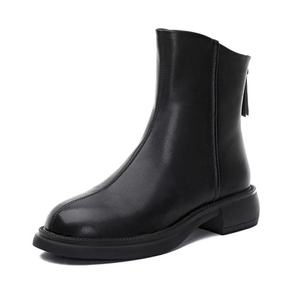 Schwarze Damen-Short-Boots aus Leder mit seitlichem Reißverschluss und Blockabsatz