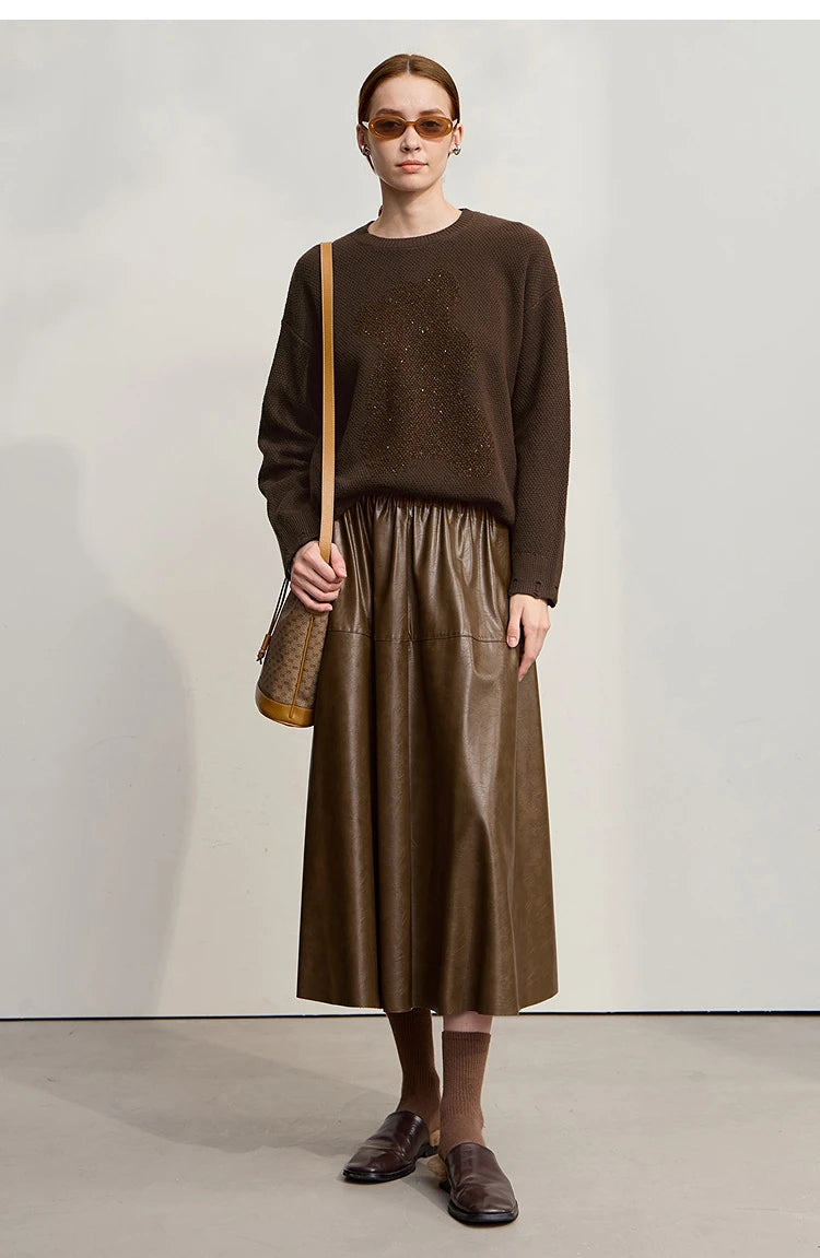 Damen-Rundhalspullover Jacquard Aushöhlung Perlenstickerei locker Winter
