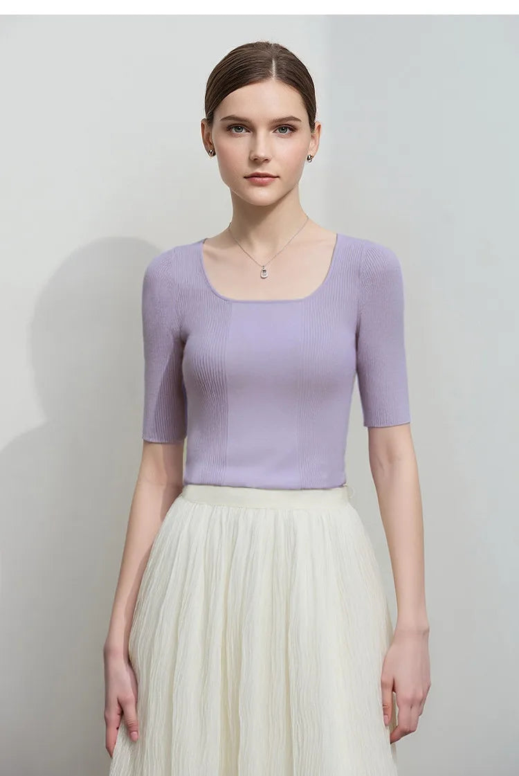 Lila Damen-Strickpullover mit geripptem Halbarm und eckigem Ausschnitt, Slim Fit