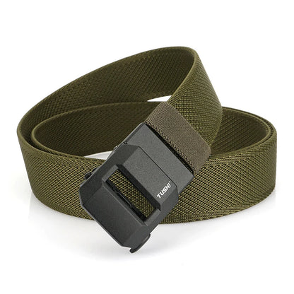 Unisex-Gürtel aus elastischem Nylon mit mattschwarzer Schnalle in 38 mm Breite und Tragekomfort