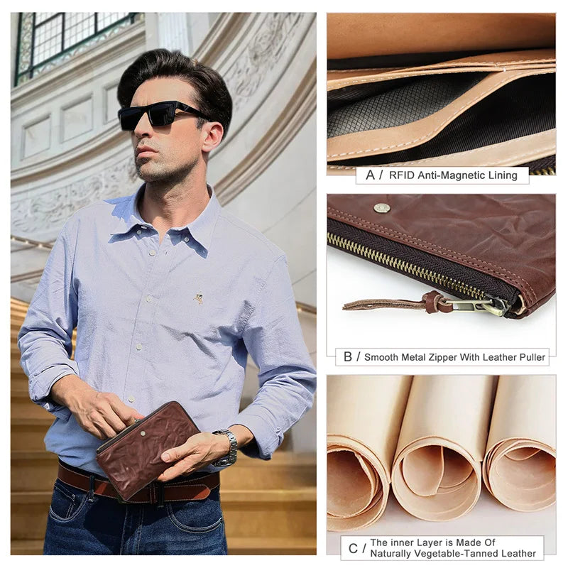 Herren Echtleder Lange Geldbörse Vintage RFID Handyfach 8 Kartenfächer Geschenk