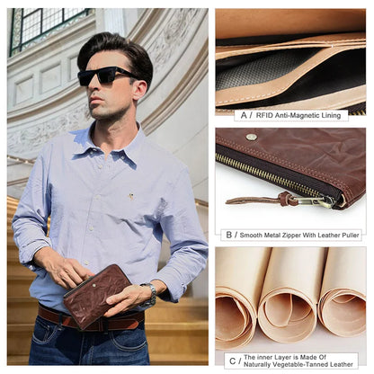 Herren Echtleder Lange Geldbörse Vintage RFID Handyfach 8 Kartenfächer Geschenk