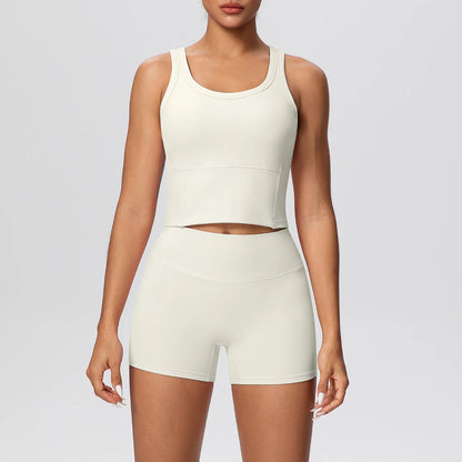 Damen-Yoga-Set in Hellbeige mit ärmellosem Top und kurzen Leggings, Cut-out