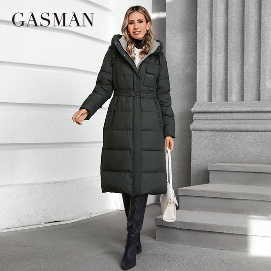 Lange Damen-Daunenjacke mit Reißverschluss, großen Taschen und Stehkragen – Kapuzenparka im klassischen Design