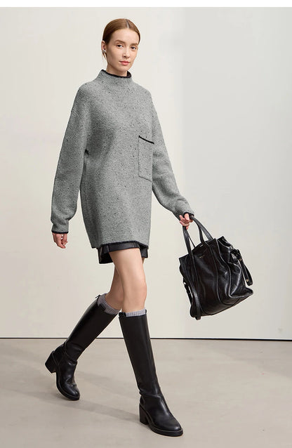 Damen-Rollkragenpullover Wolle dick locker lang Winter