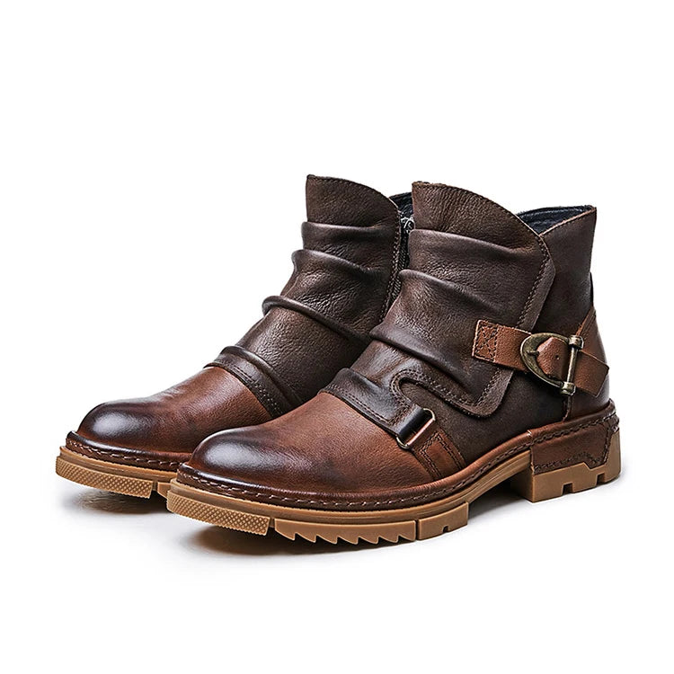 Motorrad-Hochstiefeletten aus Lederoptik, Doppelschnallen, grobe Laufsohle, dunkelbraun