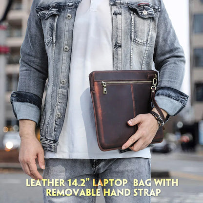 Braune Echtleder-Laptop-Tasche mit Reißverschluss und abnehmbarer Handgurt-Schlaufe