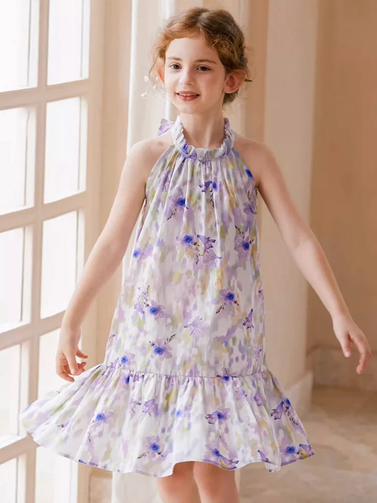 Sommerliches Mädchenkleid aus 100% Baumwolle mit kurzen Ärmeln und Tulpenblumenmuster – niedliche Freizeitkleidung für Kinder von 3 bis 14 Jahren