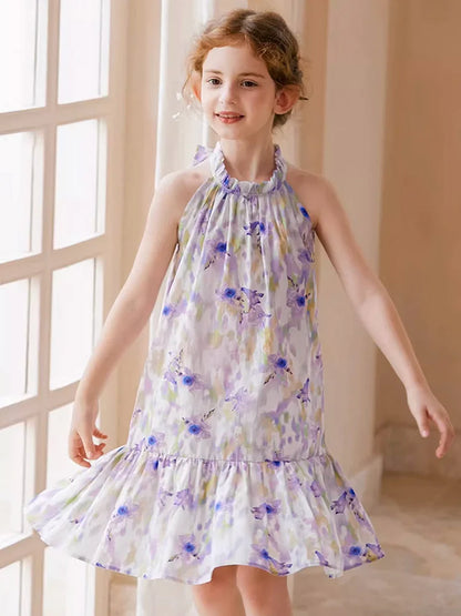 Sommerliches Mädchenkleid aus 100% Baumwolle mit kurzen Ärmeln und Tulpenblumenmuster – niedliche Freizeitkleidung für Kinder von 3 bis 14 Jahren