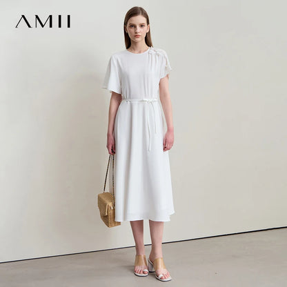 Elegantes Damen Chiffon Midi Kleid Mit Gürtel Business Look