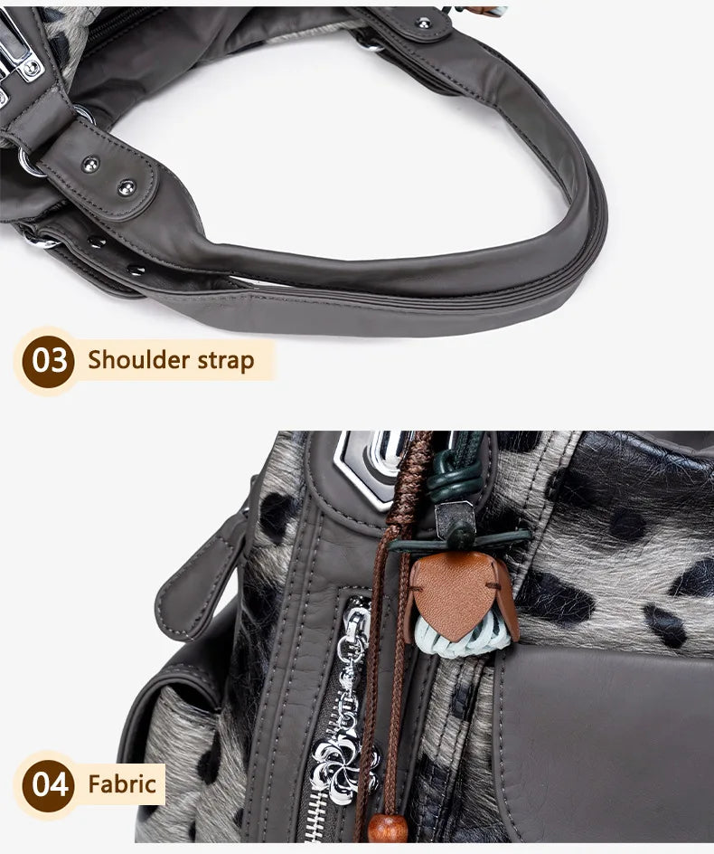 Damen-Hobo-Tasche aus gewaschenem Leder mit grau-Leoparden-Print und mehreren Fächern und viel Stauraum