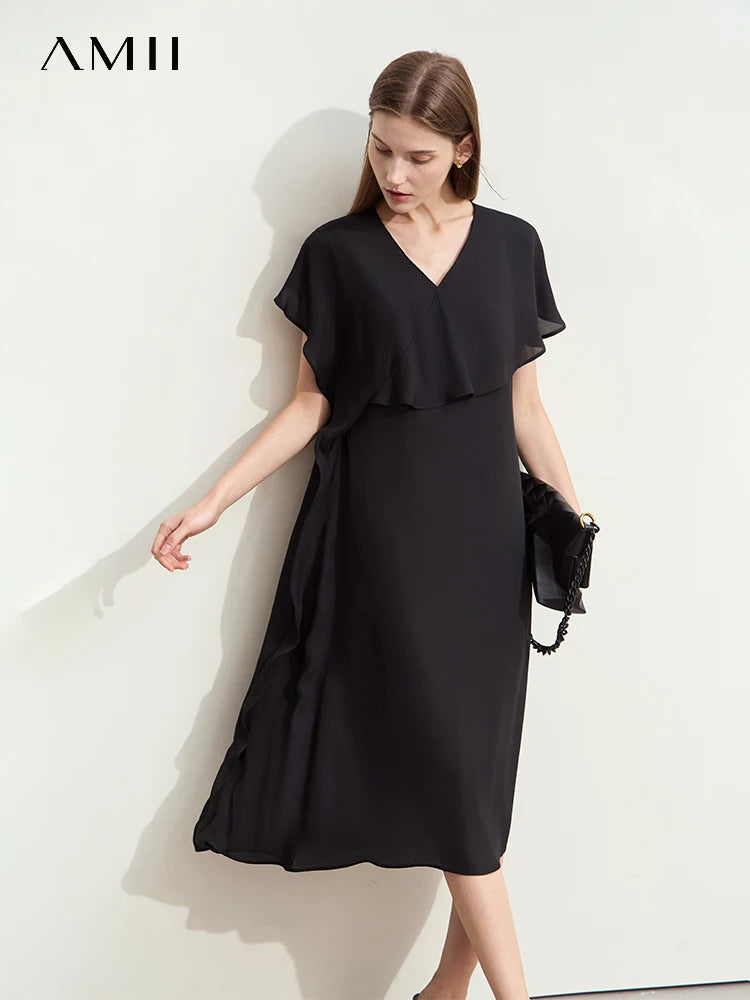 Stilvolles Chiffon Midi Kleid Damen V Ausschnitt Weicher Sommerstoff