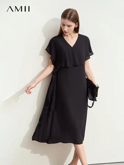 Stilvolles Chiffon Midi Kleid Damen V Ausschnitt Weicher Sommerstoff