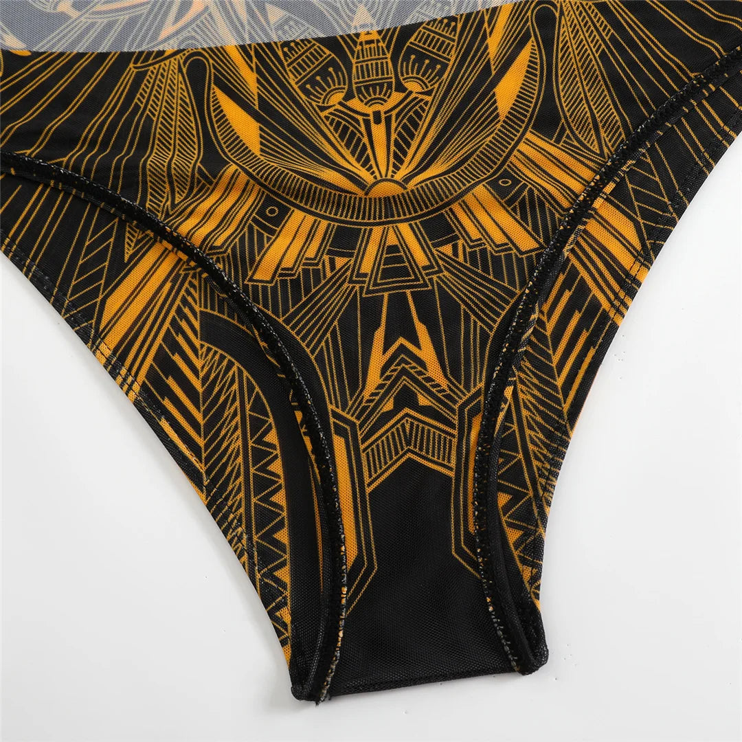 Damen-Badeanzug 3-teilig Print Langarm Sarong-Set gepolstert