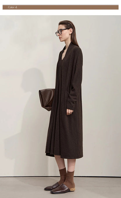 Damen V-Ausschnitt Strickkleid A-Linie ärmellos Herbst-Winter
