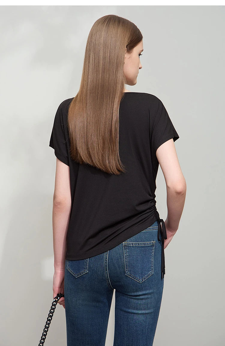 Damen T-Shirt aus Modal-Baumwolle mit kurzen Rotator-Ärmeln und Swing-Neck