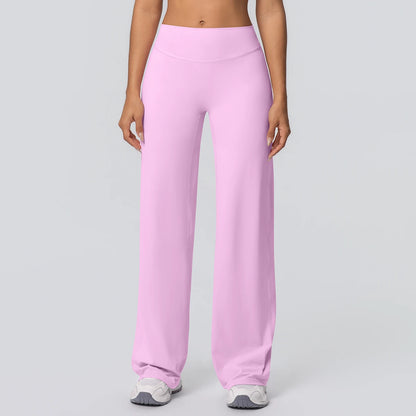 Weite Yoga-Hose in hellem Rosa, Vorderansicht mit hoher Taille und weitem, langem Bein.