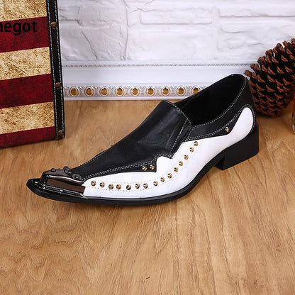 Gold Rivets Mixed Color Leather Men Shoes Pointed Toe Breathable Shoes Men Casual Shoes High Heels Personalized Men's Shoes