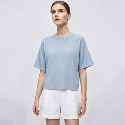 Damen-Rundhalspullover Fledermausärmel locker transparent Viskose Sommer