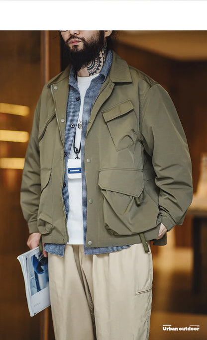 Herren Jacke Urban Outdoor Große Taschen Grüne Lässige Revers Jacke