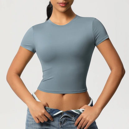 Damen Sport-T-Shirt, blau-grau, eng anliegend, Kurzarm, Rundhalsausschnitt