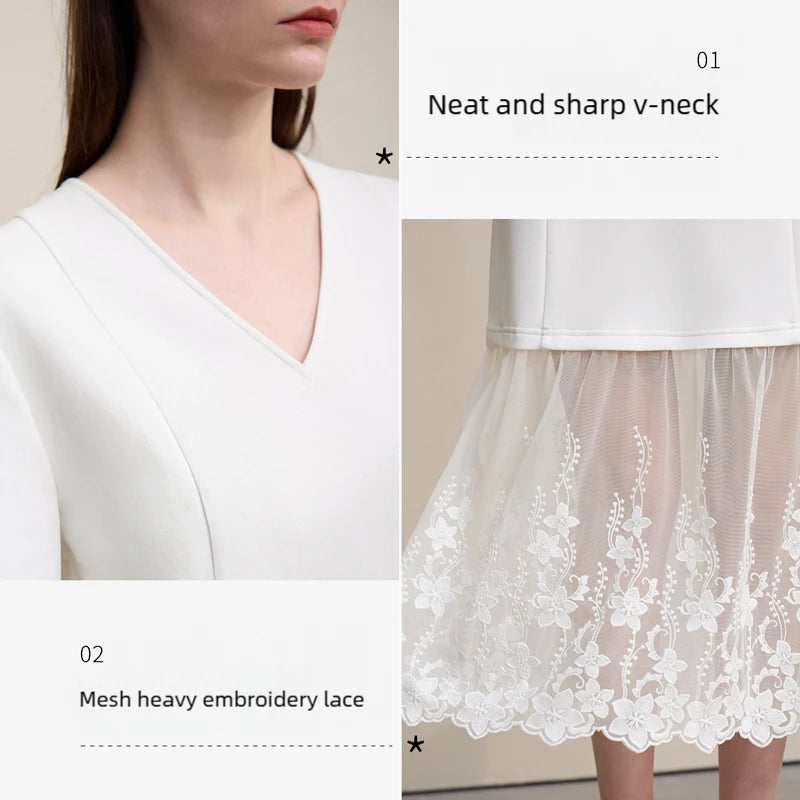 Elegantes Bürokleid Damen Mit V-Ausschnitt Und Spitze Komfortabel