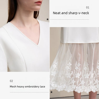 Elegantes Bürokleid Damen Mit V-Ausschnitt Und Spitze Komfortabel
