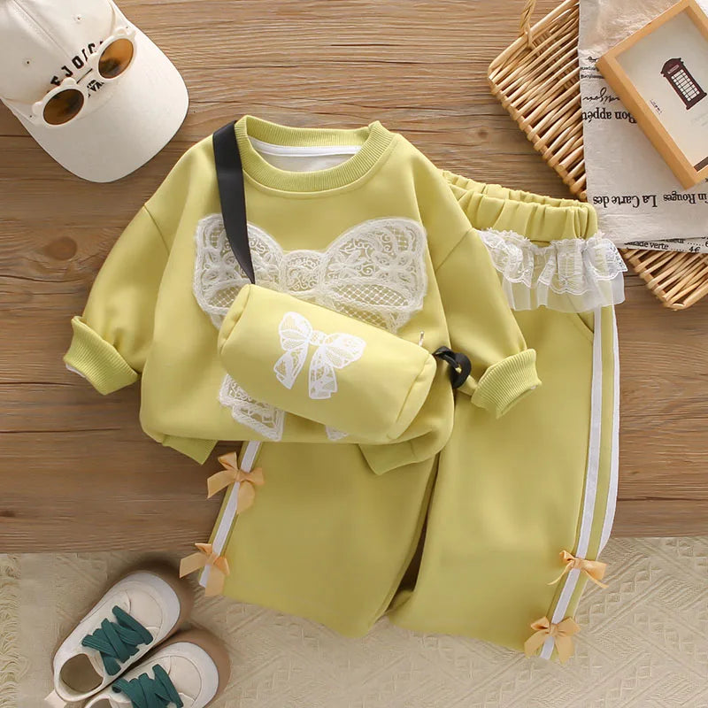 Mädchen Hoodie Set mit Bogen und breiten Beinhosen für Herbst 1-6 Jahre