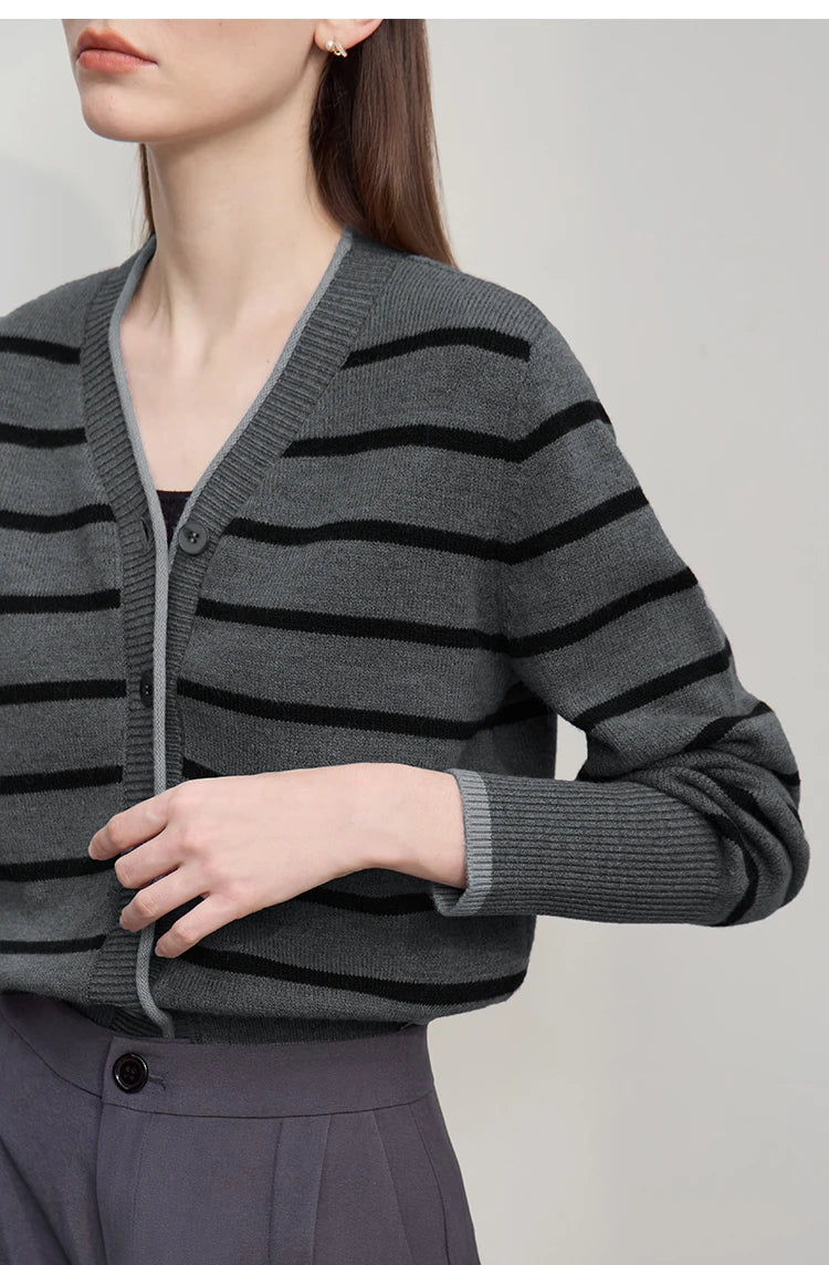 Damen-Strickjacke Streifen V-Ausschnitt locker Wolle Herbst-Winter